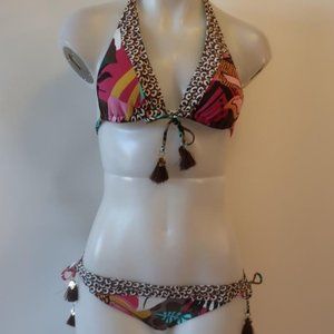 Womens Blue/Rod Beattie Multi Color Print 2pc Triangle Swim Bikini Sz 4*